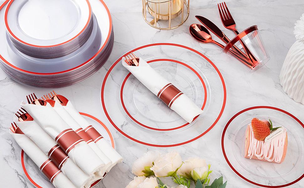 Goodluck 175-Piece Red Plastic Dinnerware Set for 25 Guests Includes 25 Dinner Plates 25 Dessert Plates 25 Pre-Rolled Napkins Cutlery & 25 Cups Ideal for Weddings Birthdays Parties