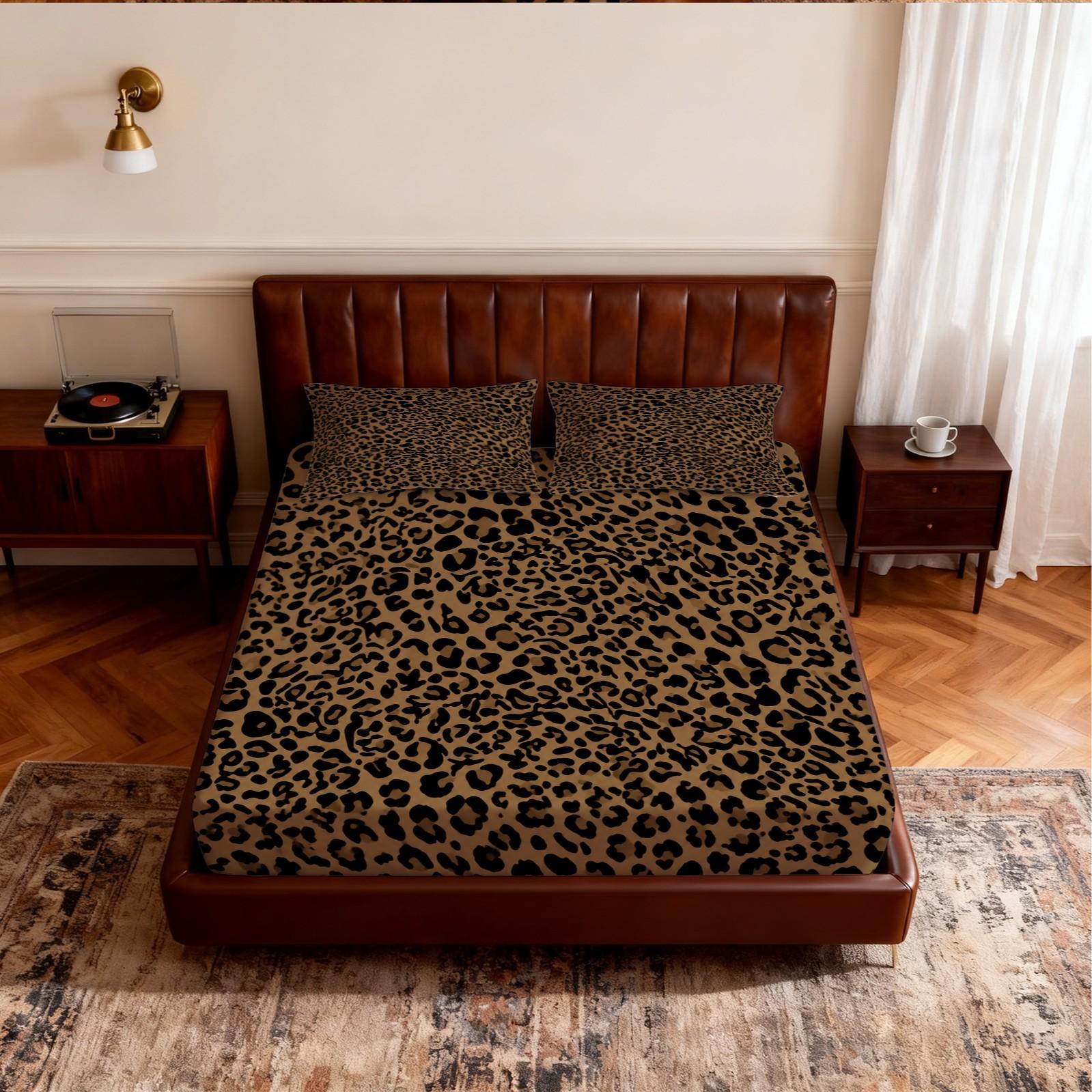 3 Pieces Leopard Print Fitted Sheet Set, Bedsheets Set, Bed Sheet Sets (1 Fitted Sheet + 2 Pillowcases), Classic Retro Animal Leopard Pattern, Soft Skin-Friendly Fabric Bedding, Home Furnishing for Women Bedroom, Top Choice for Holiday Gifts