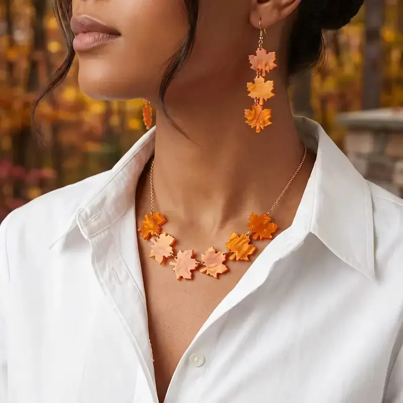 Women's 2-Piece Leaf Motif Matching Sets - Acrylic Lightweight Pendant Necklace & Long Dangle Earrings, Everyday Casual Jewelry, Autumn Thanksgiving Gift