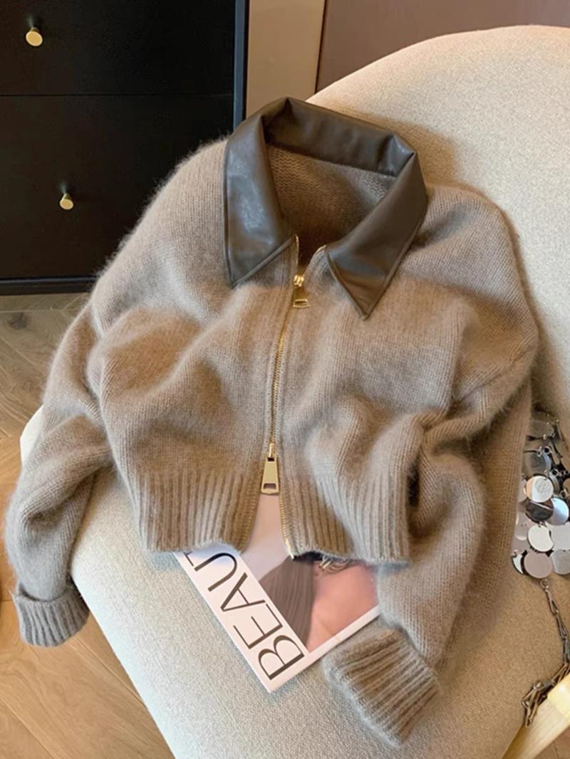 Fashion Casual Leather Collar Zipper Short Knit Cardigan Jacket, Long Sleeve Loose-Fitting Colorblock Design for Fall & Winter