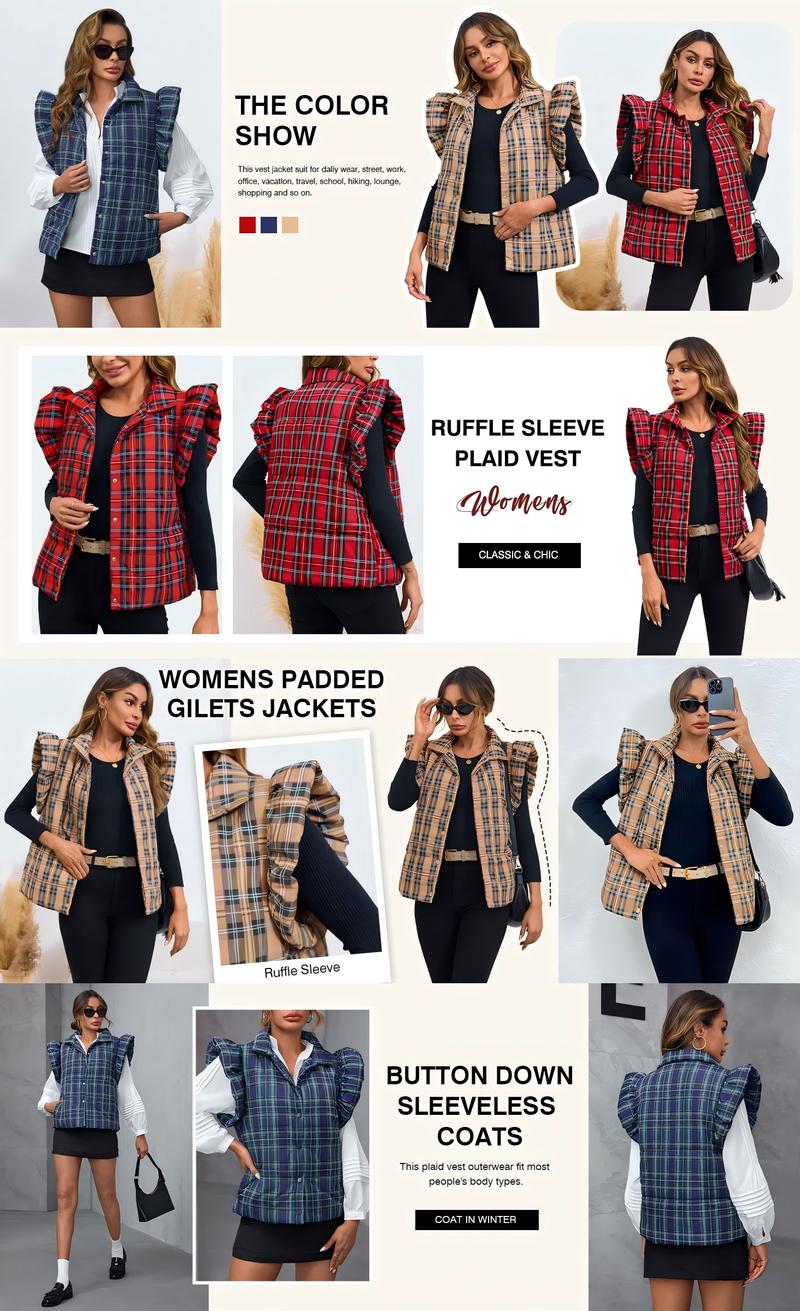 Tankaneo Women's Plaid Puffer Vests Ruffle Sleeveless Lightweight Quilted Vest Fall Winter Padded Gilets Coats