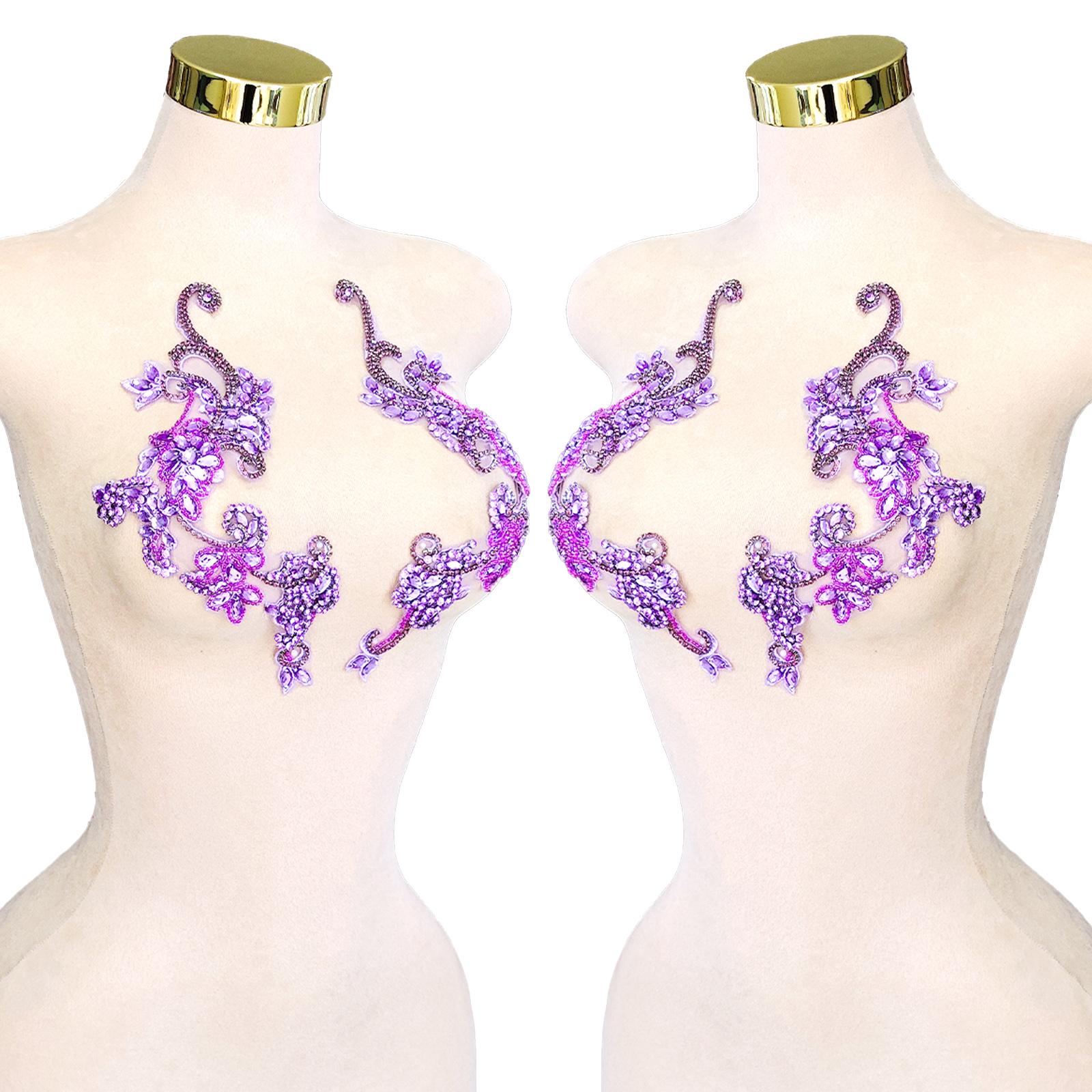 Handmade Pink Crystal Beaded Applique Floral Rhinestone Patch Pair for Dress Decoration Bridal Gowns DIY Embellishment