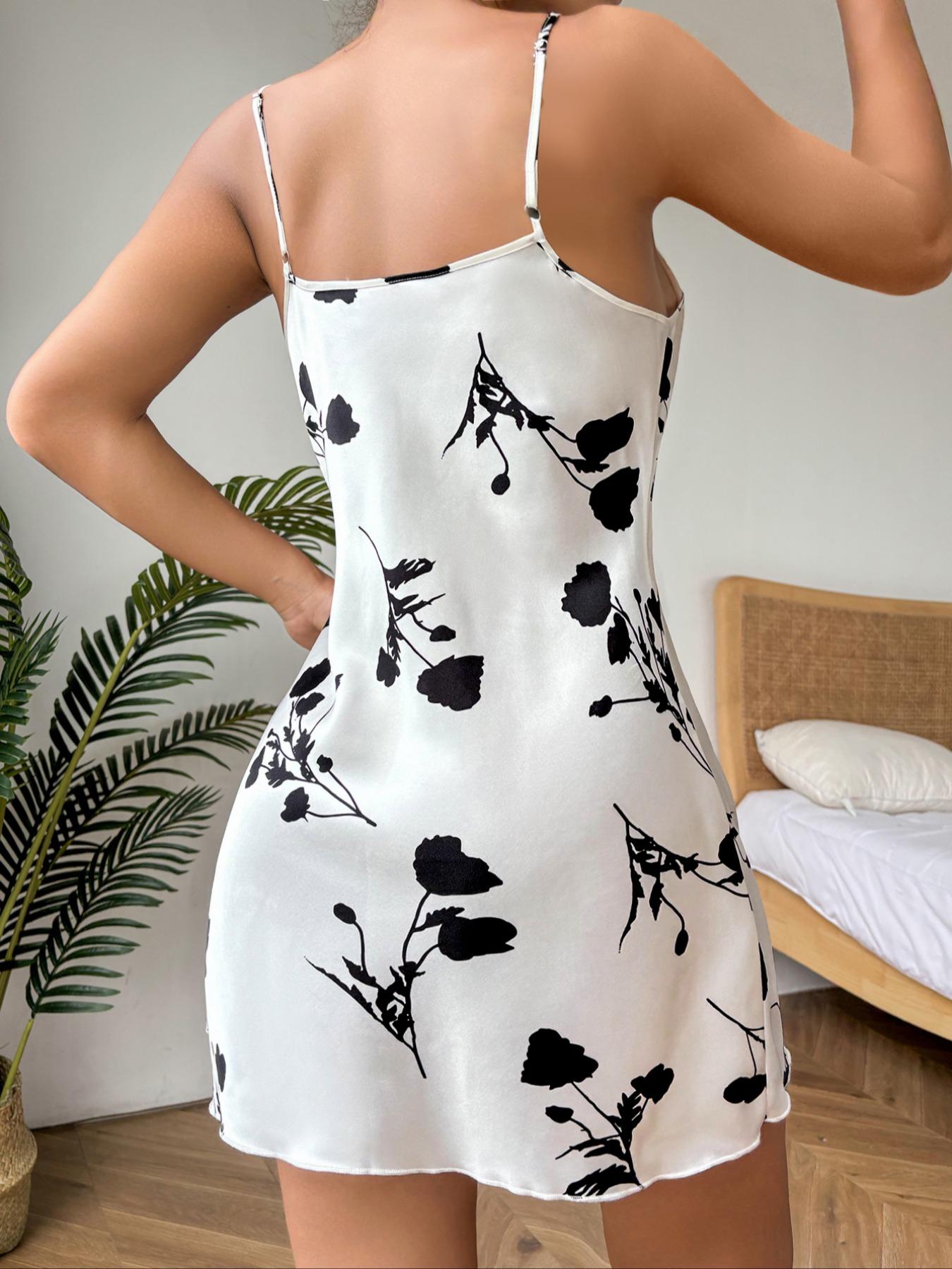 Women's Floral Print Backless Satin Cami Nightdress, Regular Fit Elegant Spaghetti Strap Nighty Dress for Women, Bride's Nightgown, Women's Night Dresses for All Seasons, Slips Dress