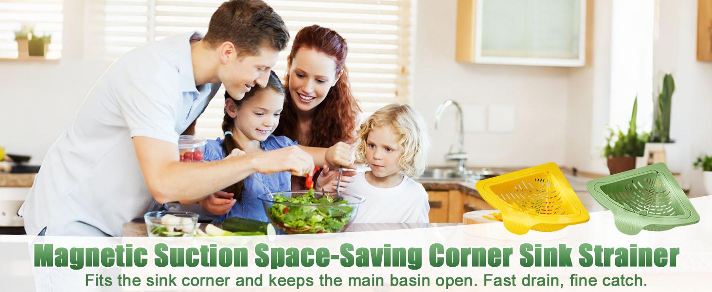 2Pcs Magnetic Triangular Sink Drain Basket, Punch-Free Corner Drain Strainer with Twist-Open Bottom, Space-Saving Kitchen Sink Organizer