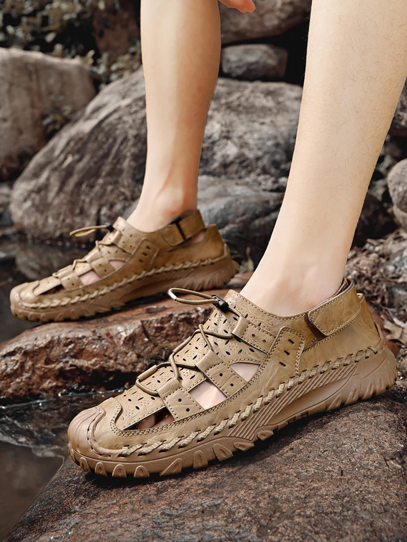 Men's Solid Color Hollowed-Out Closed-Toe Outdoor Sandals, Drawstring Velcro Non-Slip Beach Shoes, Hand-Stitched Thick-Soled Dad Shoes