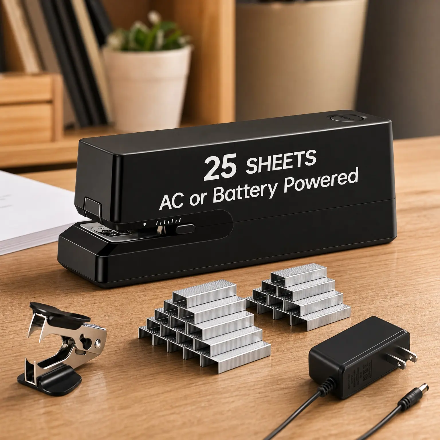 Electric Automatic Stapler for Desk, 25-Sheet Capacity with 2000 Staples & Staple Remover, No-Jam, AC or Battery Powered for Office Home School, Black