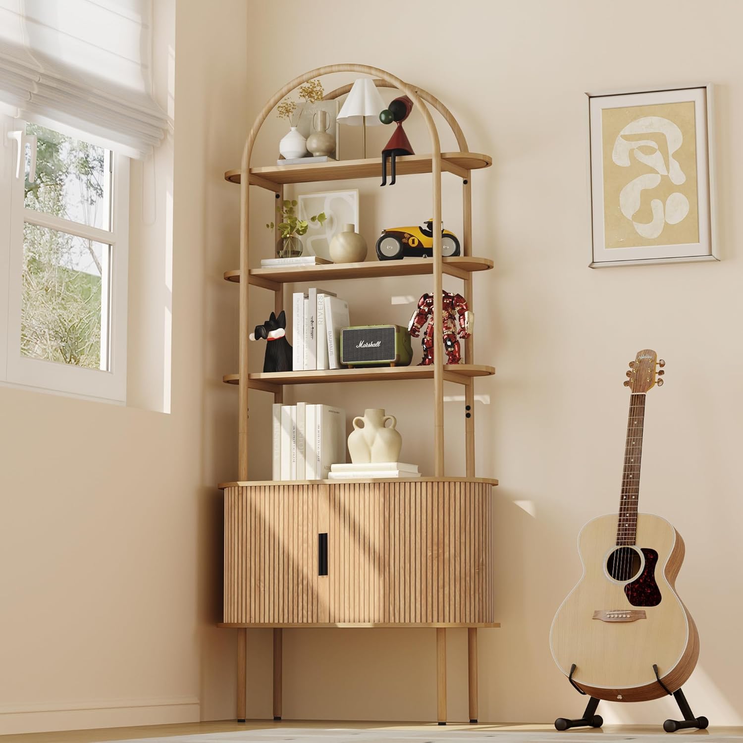 Giratree 71" Tall Fluted Arched Bookshelf with Sliding Tambour Doors, Mid Century Modern Curved Bookshelf Cabinet with Storage, 4-Tier Open Display Storage Shelf for Home Office, Living Room