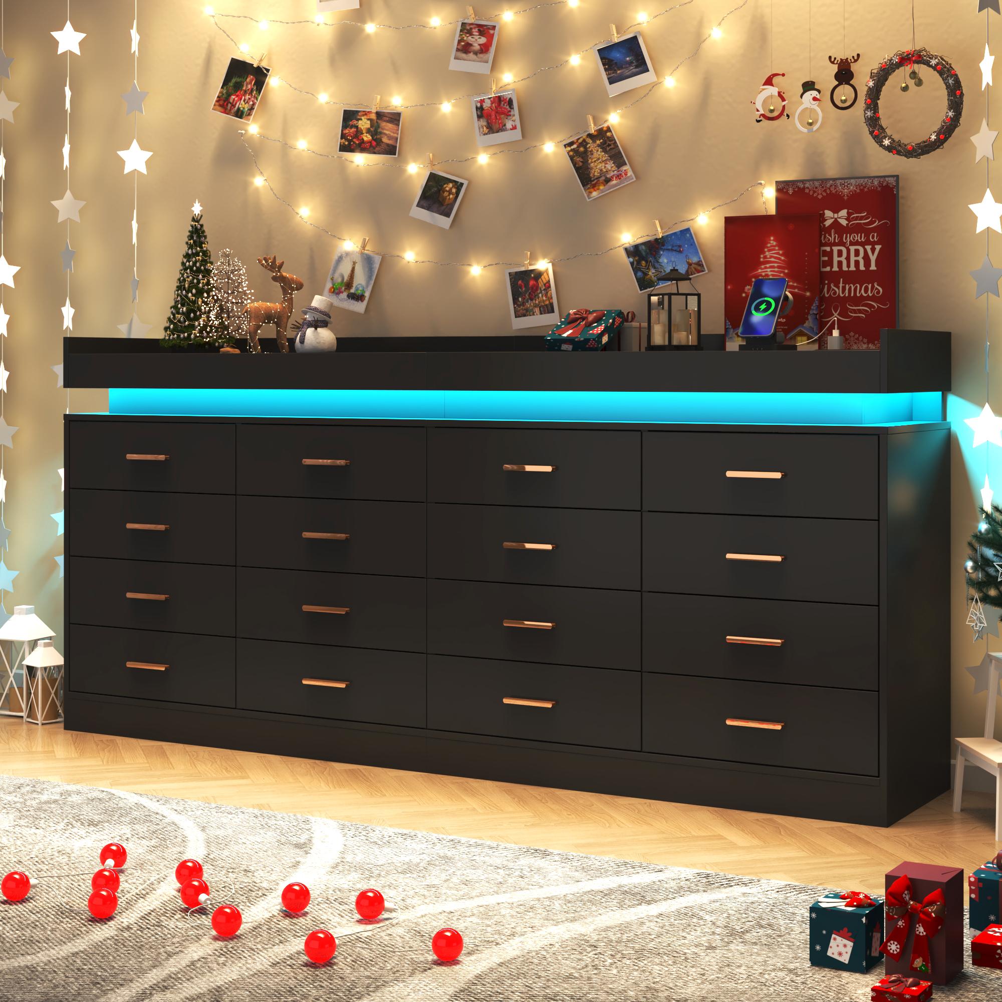 Dresser with LED Light, Modern Chest of Drawers for Closet, Wide Drawer Organizer Cabinet for Bedroom, Living Room, Entryway, Hallway, White/Black