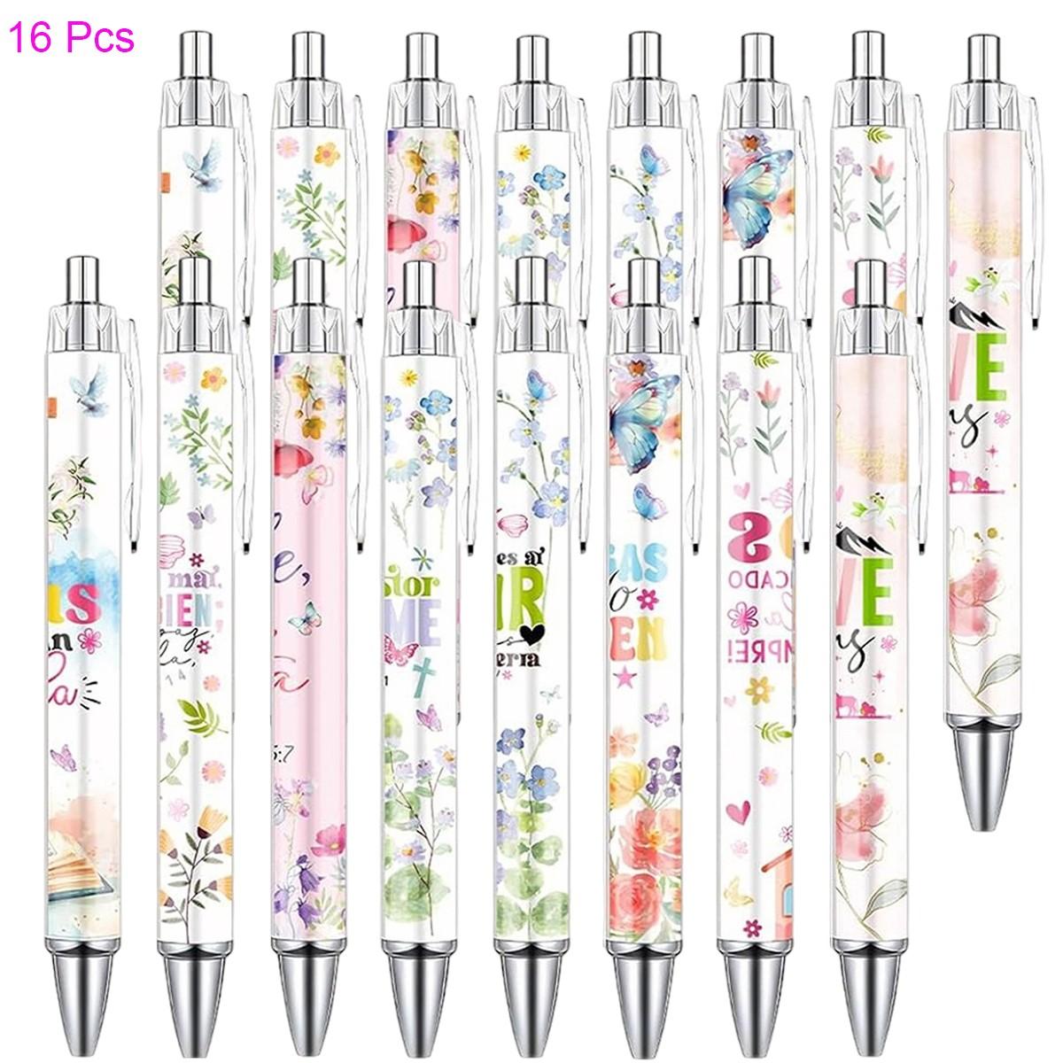 8/16/24 Pcs Bible Verse Ballpoint Pens, Inspirational Butterfly Smooth Writing BallPoint Pens, Spanish Christian Flower Pen Set, Religious Church Gifts for Women Men, Coworker Office School Supplies
