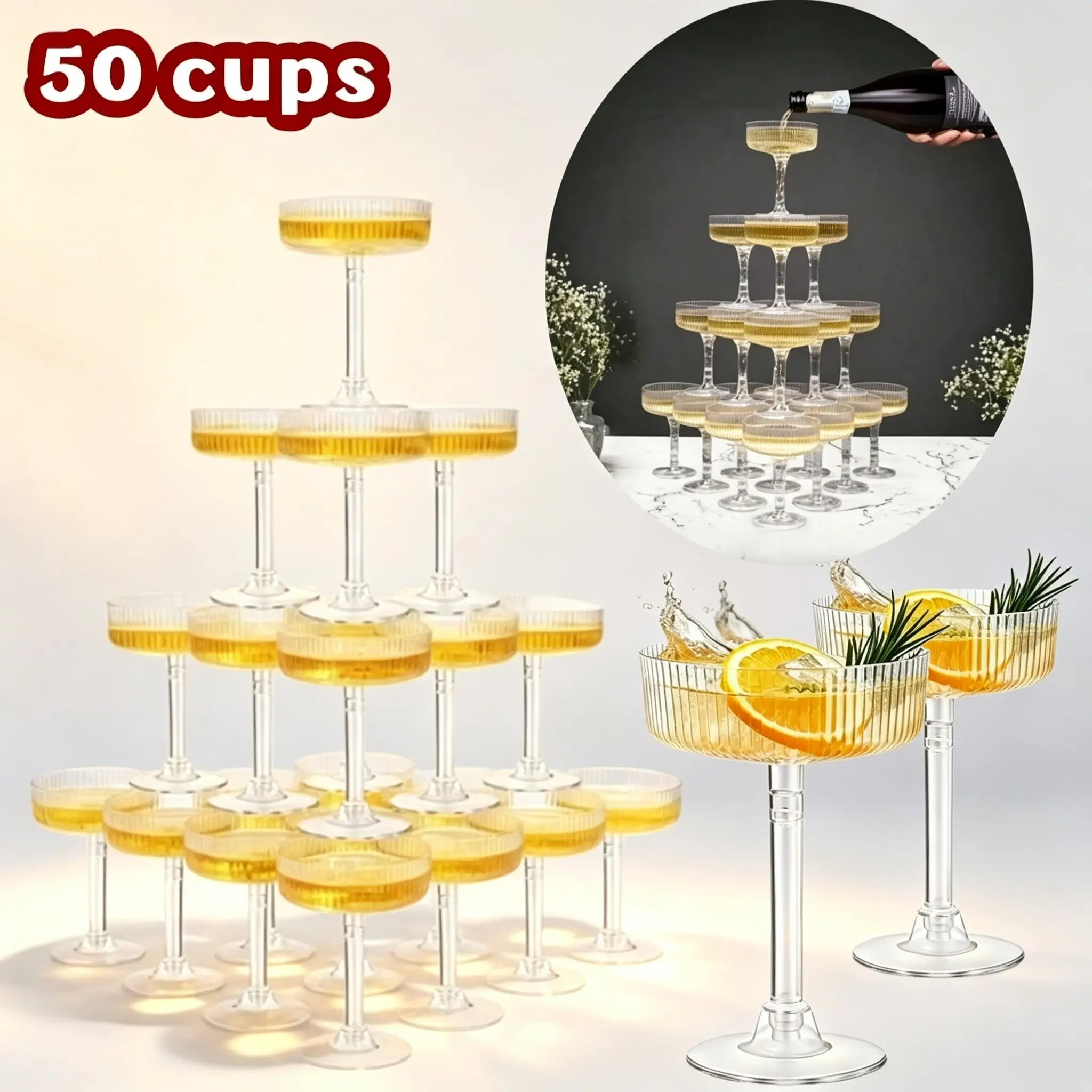50-Piece Sturdy Clear Plastic Champagne Tower Set, 4.7oz Classic Ribbed Shatterproof Coupes for Wedding, Anniversary, Party, Home Gathering & Gift Giving, Plastic Champagne Glasses