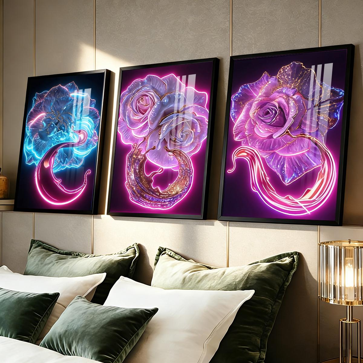 3 Counts Aluminum Alloy Framed Painting, Neon Glowing Roses And Petals Pictures, Home Decoration For Living Room, Bedroom, Office, Restaurant, Hallway Wall Decor, Odorless Print Artwork, Luxury Perfect Gift For Friends And Family