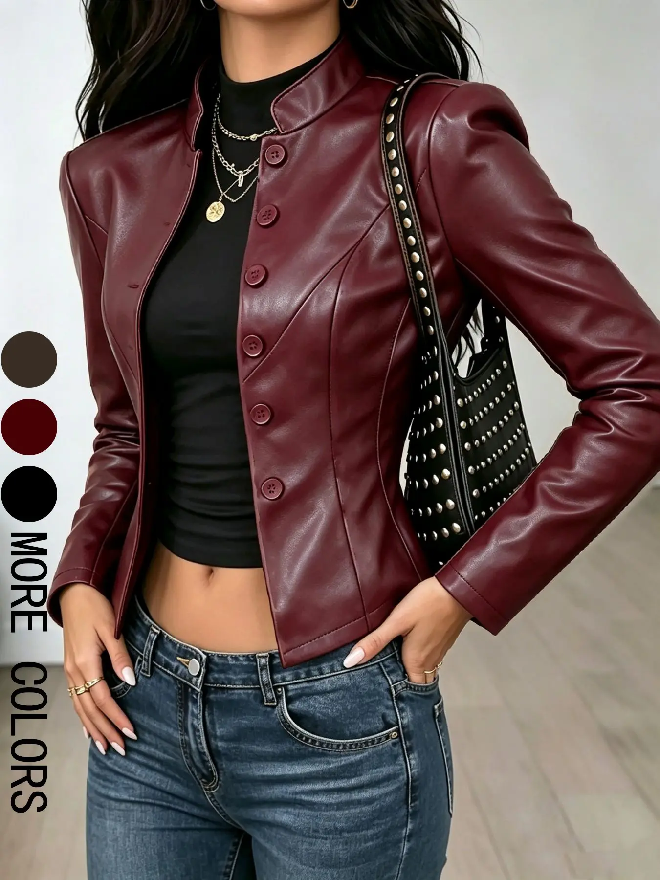 Women's Faux Leather Jacket, Stand Collar Single Button Slim Fit Short Motorcycle Coat, Stylish and Trendy Outerwear for Women Aesthetics