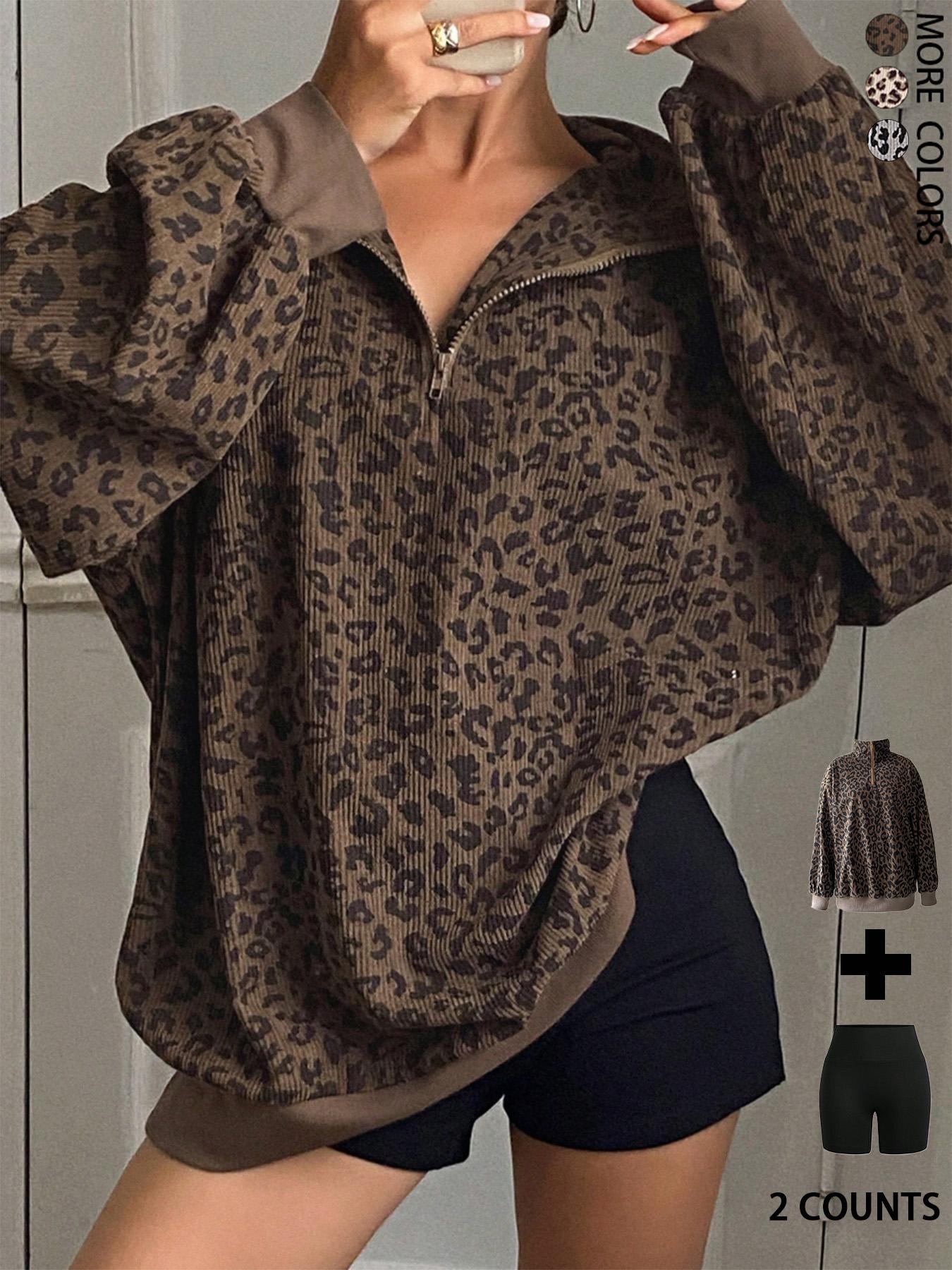 Women's 2pcs Set  Casual Zip Up Front Long Sleeve Leopard Print Sweatshirt,Fall Clothes