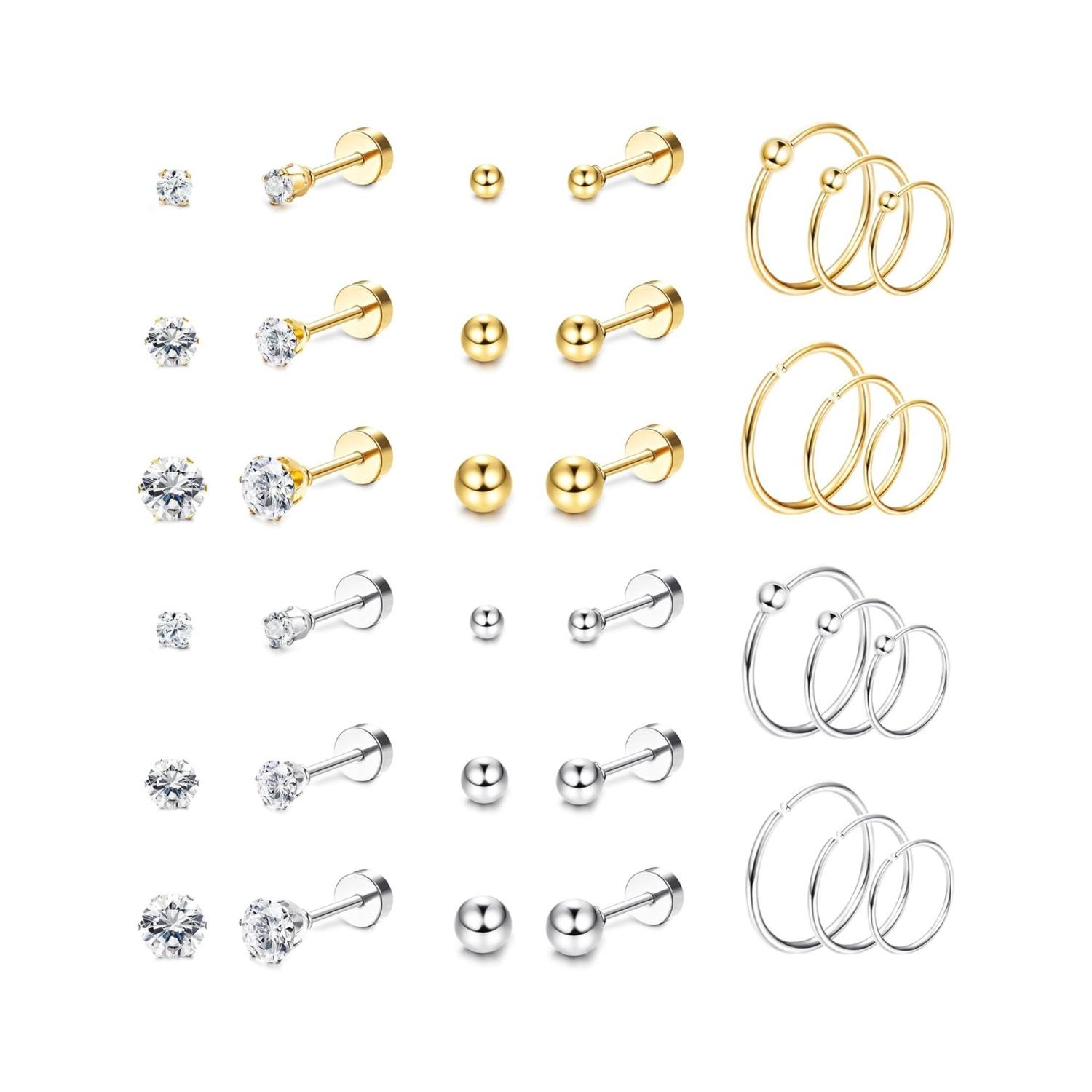 12Pairs Surgical Steel Tiny Stud Earrings for Women Hypoallergenic Flat Back Cartilage Earrings Cubic Zirconia Tiny Ball Earrings Hoops Conch Helix Cartilage Piercing Jewelry