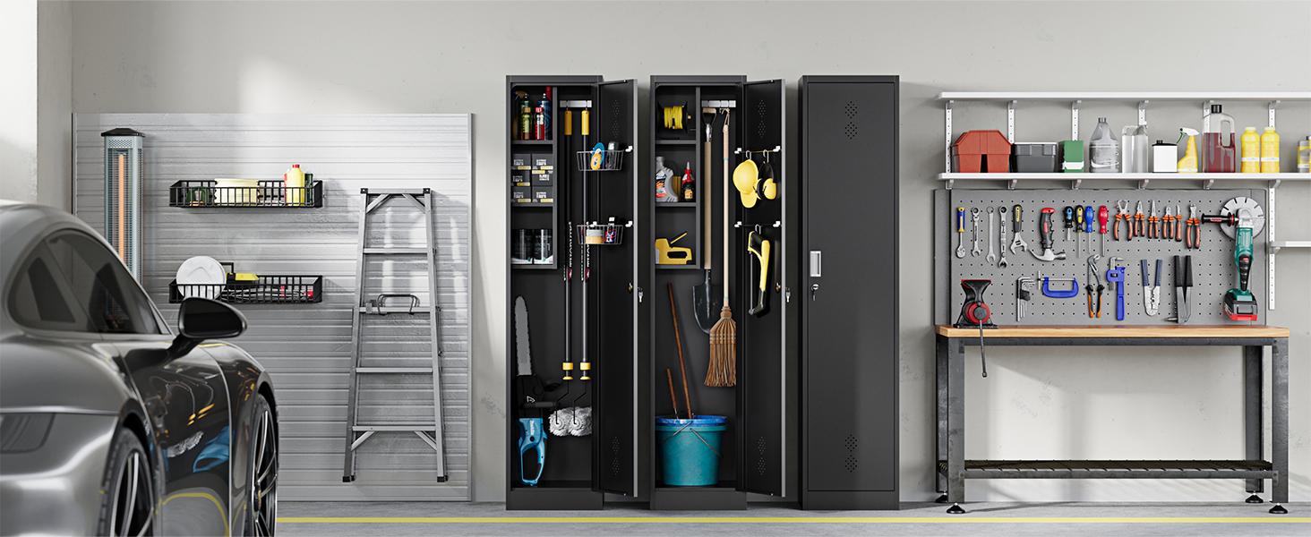 Letaya Broom Closet Storage Cabinet,Metal Cleaning Supply Tool Cabinet,Utility Cabinets for Brooms & Mops Black Garage Organization Cabinet for Laundry Room, Bathroom