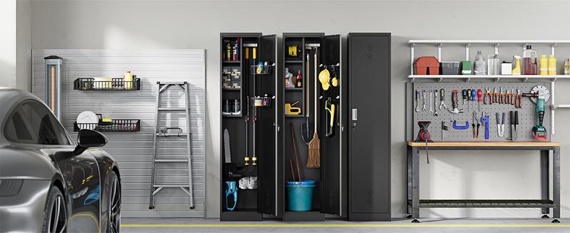 Letaya Broom Closet Storage Cabinet,Metal Cleaning Supply Tool Cabinet,Utility Cabinets for Brooms & Mops Black Garage Organization Cabinet for Laundry Room, Bathroom