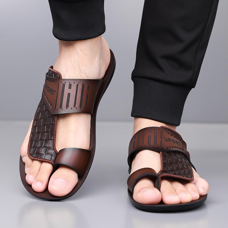 Men's Summer New Sandals, Letter Print Straw Texture, Trendy Anti-Slip Thin Sole, Casual Beach Shoes, Fashionable and Comfortable