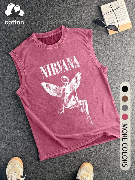 Men's Vintage Distressed Angel Wing Print Tank Top, Casual Sleeveless Round Neck Top for Summer, Fashion Men's Clothes for Daily Wear, Socks