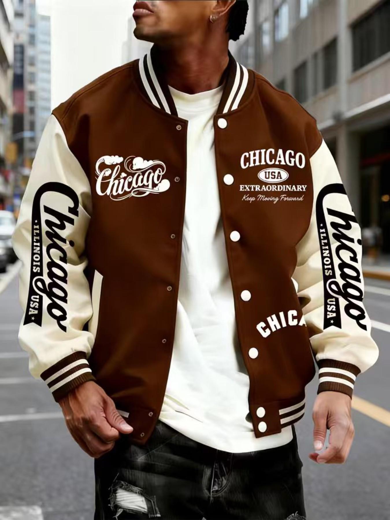 Men's Baseball Jacket, Chicago Style Geometric Pattern, Colorblock Sleeves, Button Closure, Stretchy Fabric, All Season Outerwear