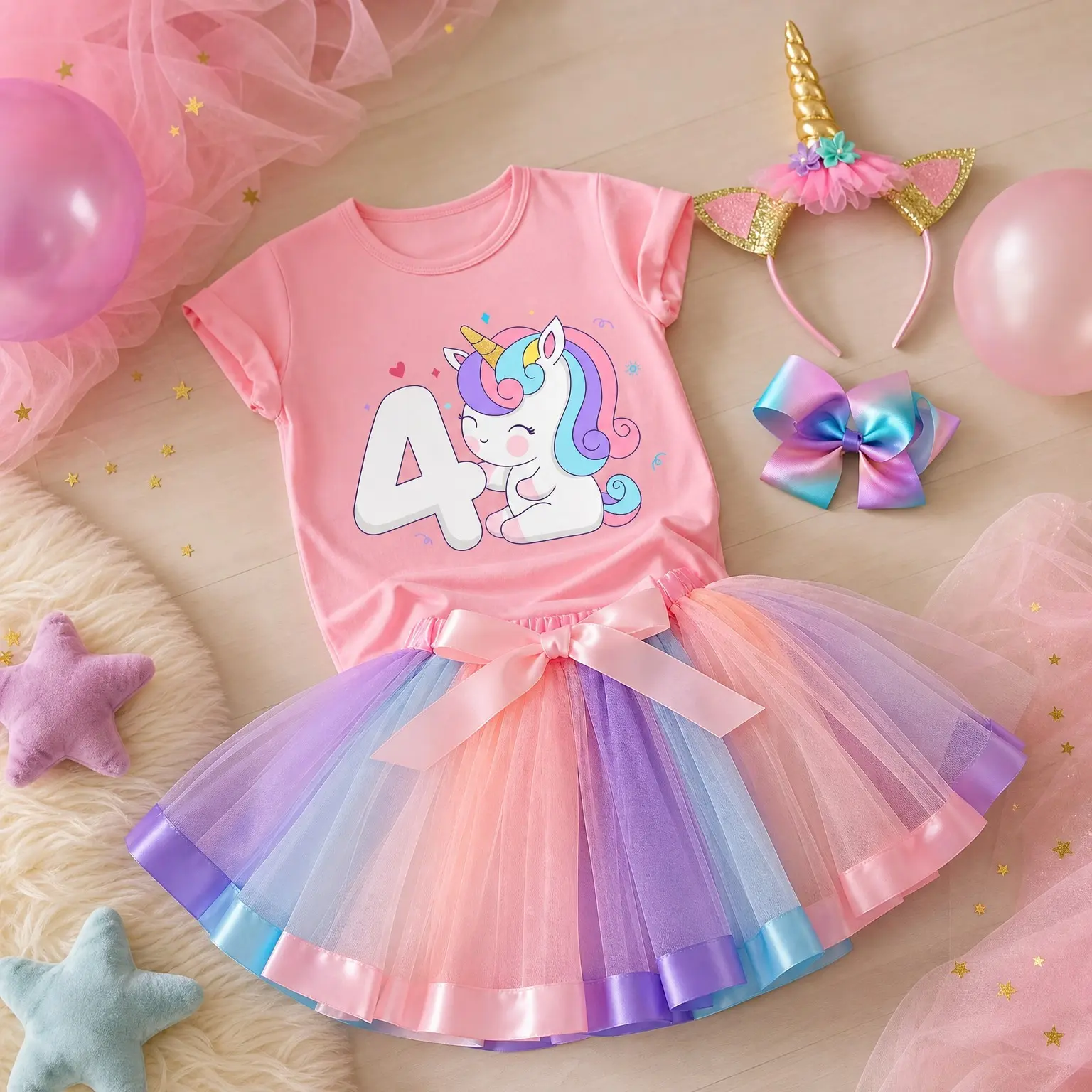 Girls' Unicorn Birthday Outfit Set - Shirt, Tutu Skirt Dress, Birthday Girl Crown, Hair Bow & Satin Sash (4-5 Years)Gift
