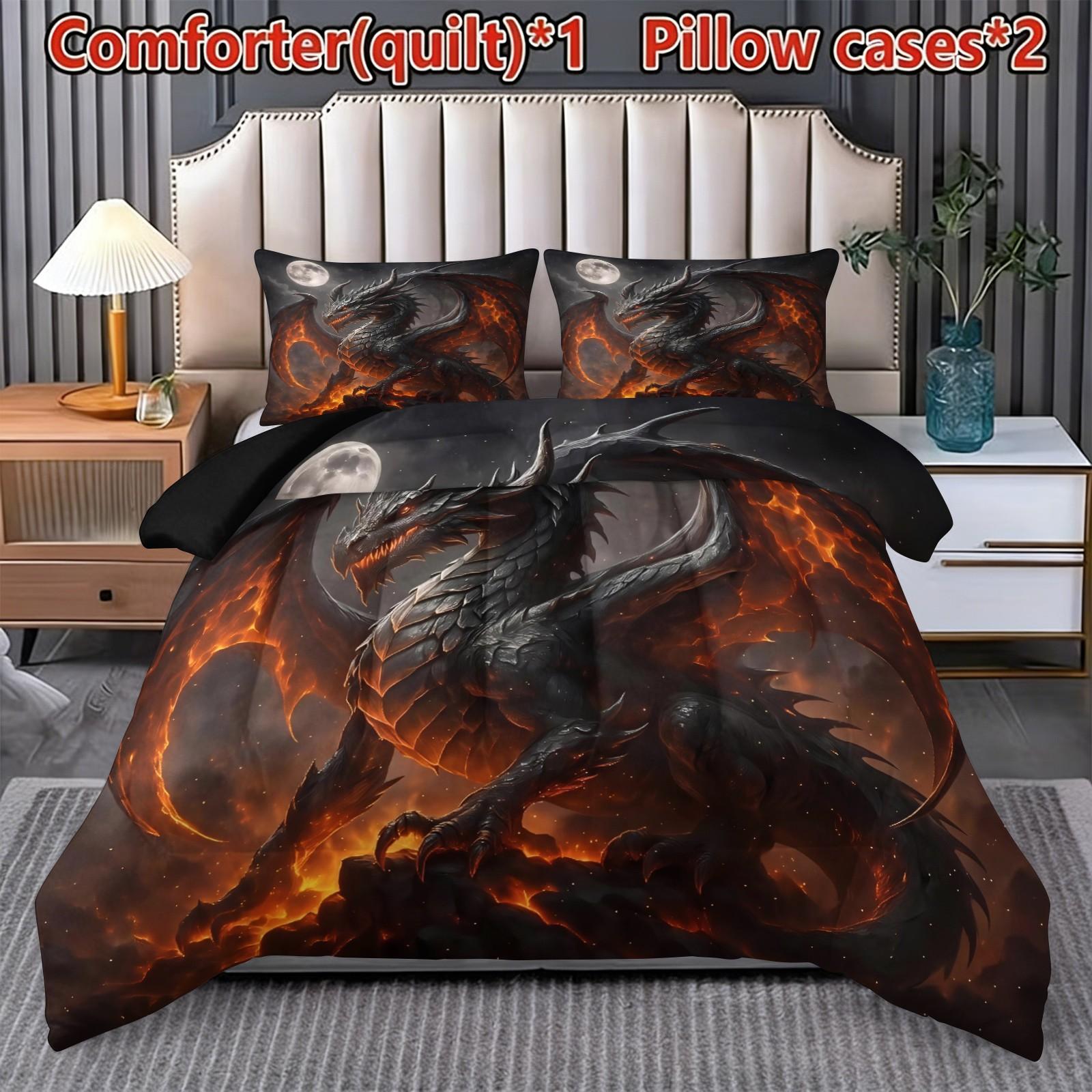 Volcano Dragon Pattern Quilt Set, Polyester Fiber Bedding, Includes 1 Quilt + 2 Pillowcases Without Core, Soft Skin Contact, Ideal for Couples
