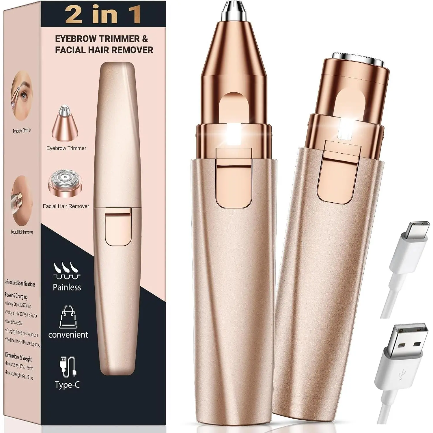 2 in 1 Eyebrow Trimmer & Facial Hair Removal for Women - Rechargeable Face Shaver and Eyebrow Razor, Painless Electric Hair Remover for Peach Fuzz, Fine Hair, Upper Lip and ChinGift