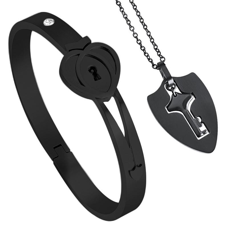 AS022 Couple Bracelet Necklace Set Key Necklace Lock Bracelet Holiday Birthday Gift Valantine Day Golden Silver Black Color