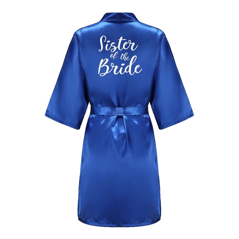 Team Bride Satin Kimono Lounge Robe, Royal Blue Bridesmaid Bathrobe with White Letters, Wedding Party Stress Relief Loungewear