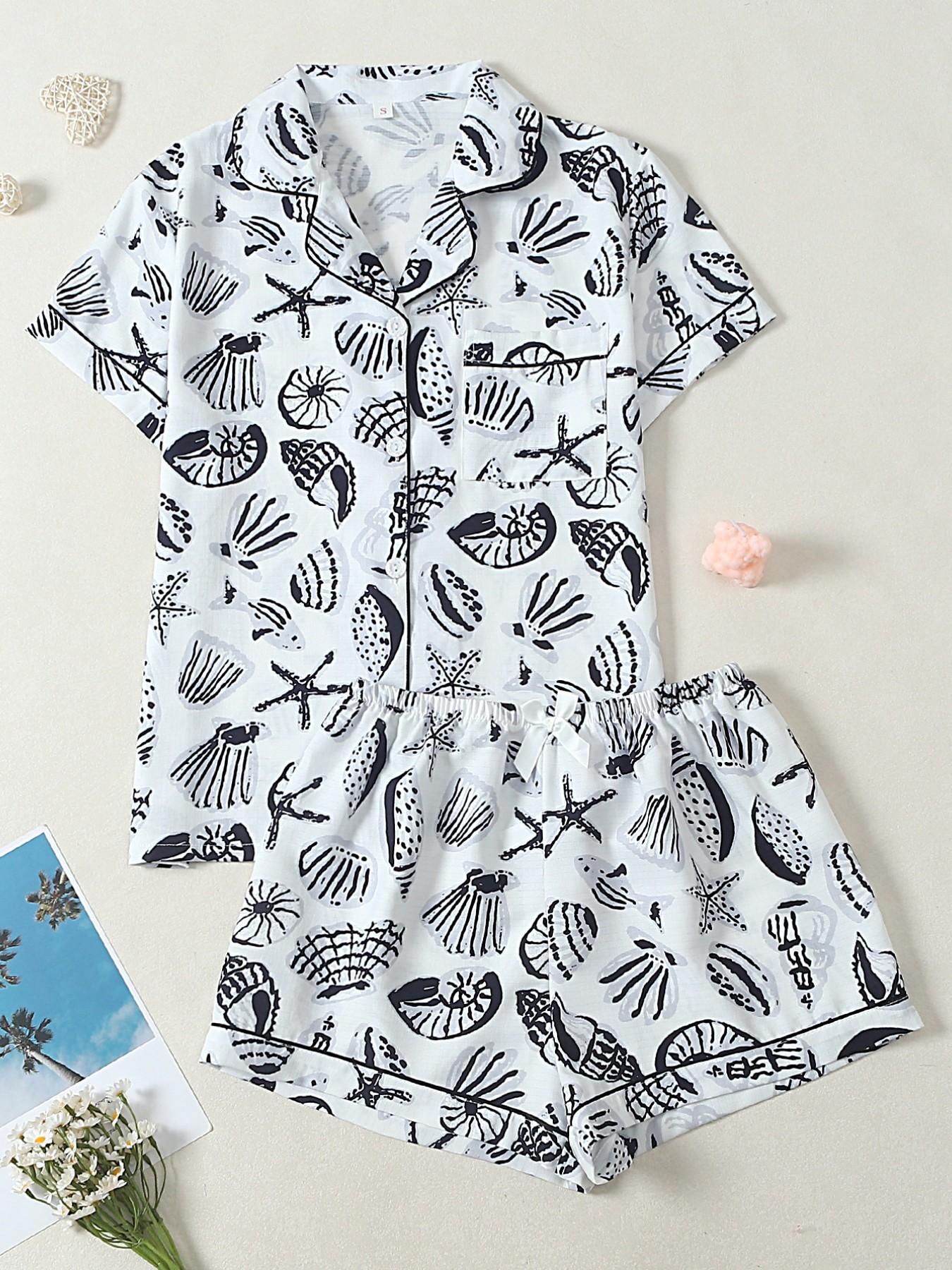 Women's Pajama Set, Shell Starfish Print Loungewear, Short Sleeve Button-Down Shirt & Elastic Waist Shorts, Casual and Comfortable Nightwear for All Seasons, Pyjamas Set
