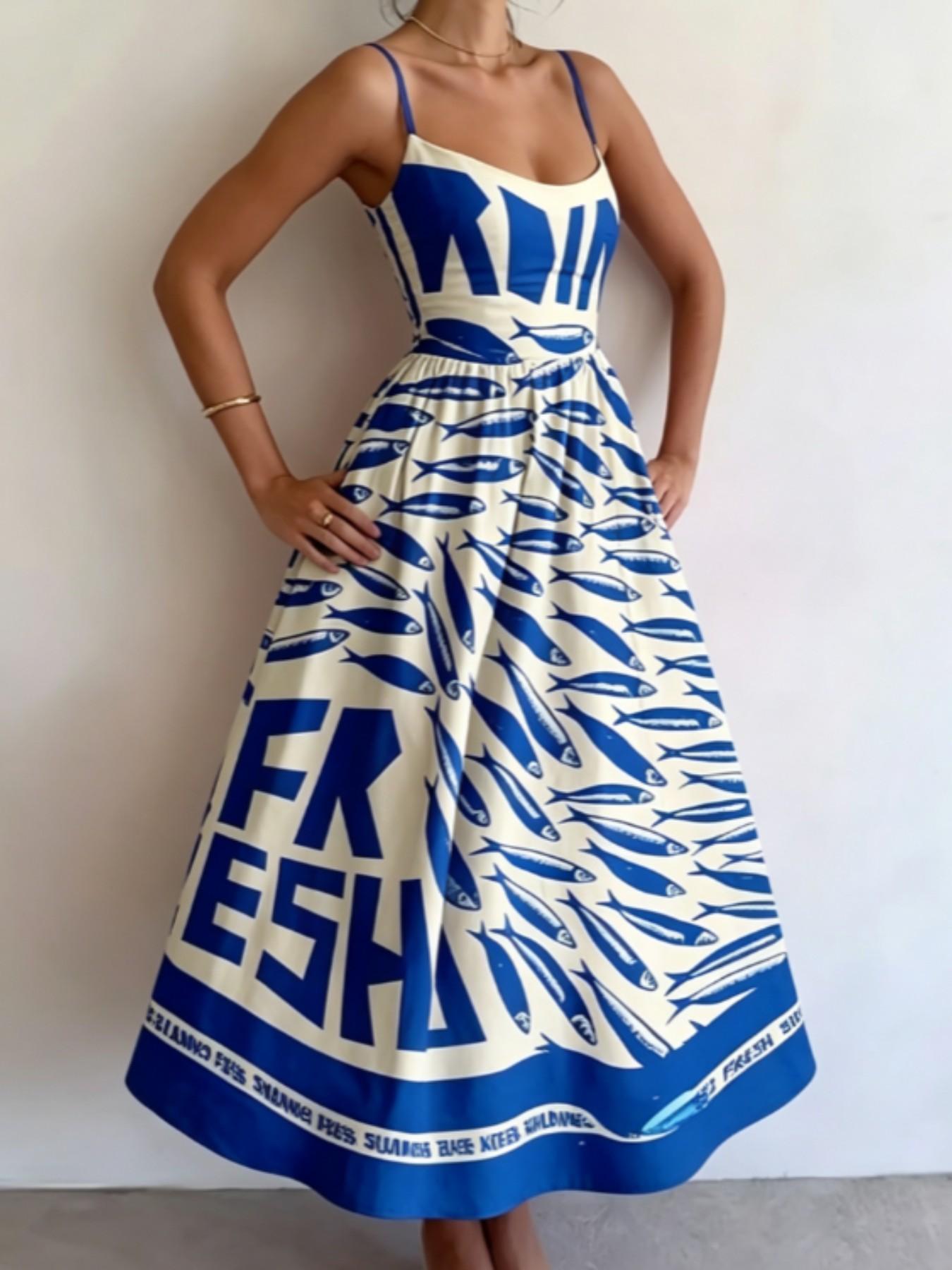 Blue Fish Pattern Letter Print Halter Dress, Summer Waist Cinch Slim Fit Midi Skirt, Vacation Style Elegant Dress for Women, Sleeveless