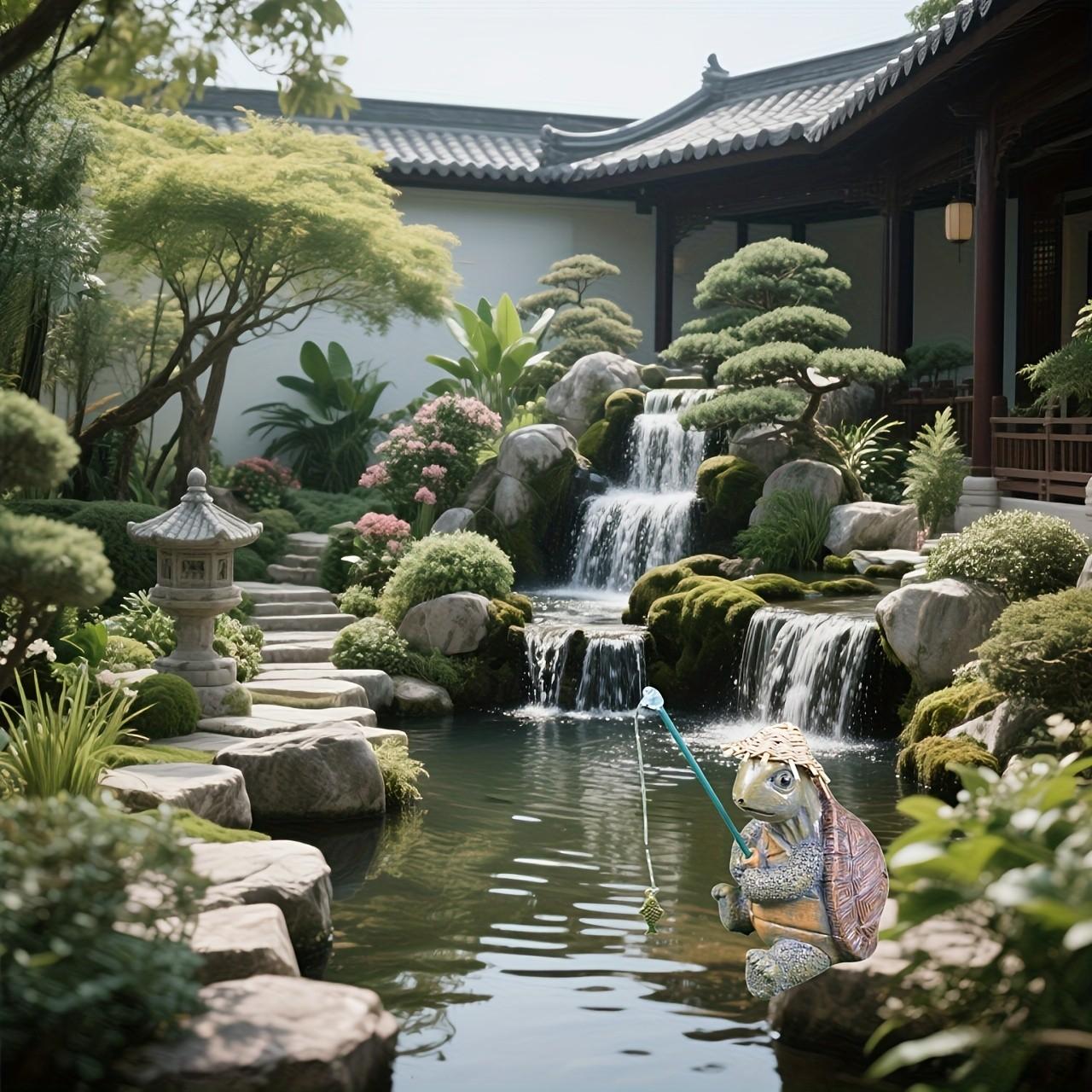 Cute Resin Turtle Fishing Figurine with Hat, Fish Tank Decor, Garden Pond, Balcony, Lawn, Country Garden Decoration, Holiday Gift