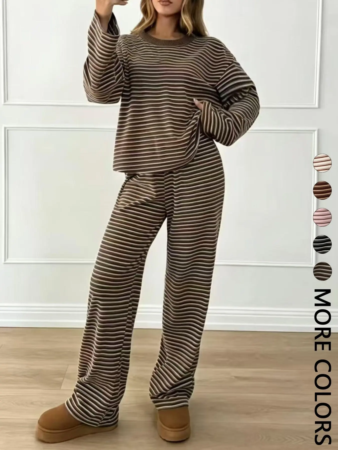 2-Piece Set Striped Loose-Fit Long Sleeve Top and Wide Leg Pants, Casual Comfortable Two-Piece for All Seasons