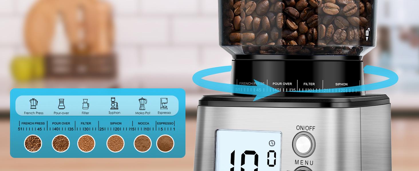 Homtone Conical Burr Coffee Grinder, Anti-Static Electric Espresso Grinder with 51 Precise Settings, Adjustable Coffee Bean Grinder for 2-12 Cups, Clog-Free, Digital Display Stainless Steel
