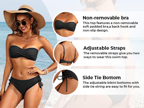 Tempt Me Women's Strapless Bandeau Bikini Set - Twist Front Two Piece Swimsuit Top with Side Tie Bathing Suit Bottom