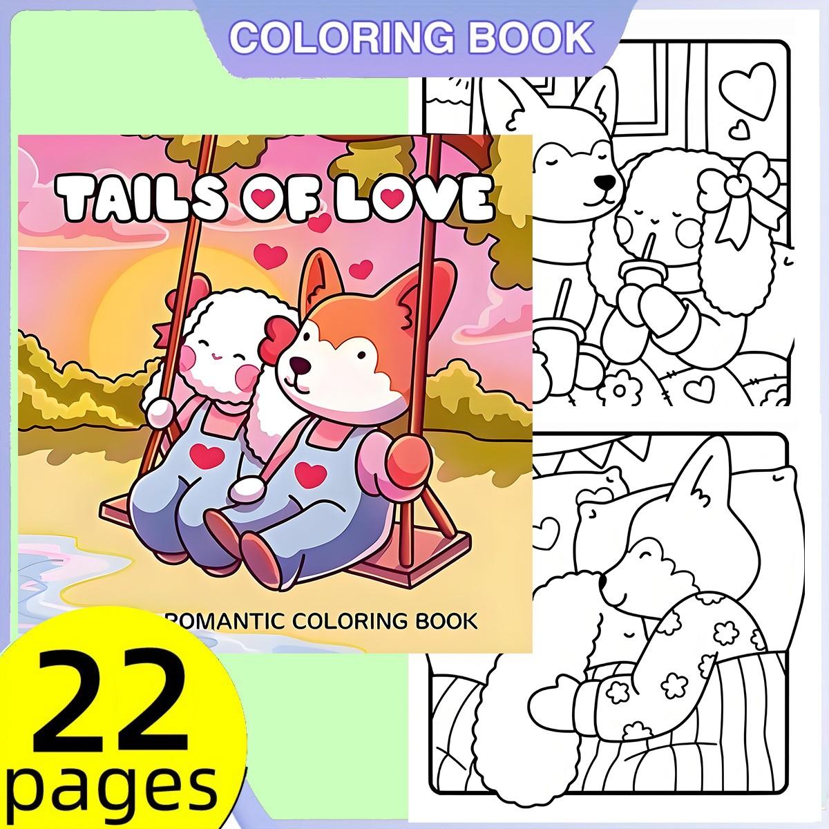 Bold & Easy Tails of Love Cute & Romantic Coloring Book for Kids & Adults, 22 Coloring Pages on 120gsm Thick No Bleed Paper, Odorless Glue Binding, Stress Relief Easy Coloring for All Ages