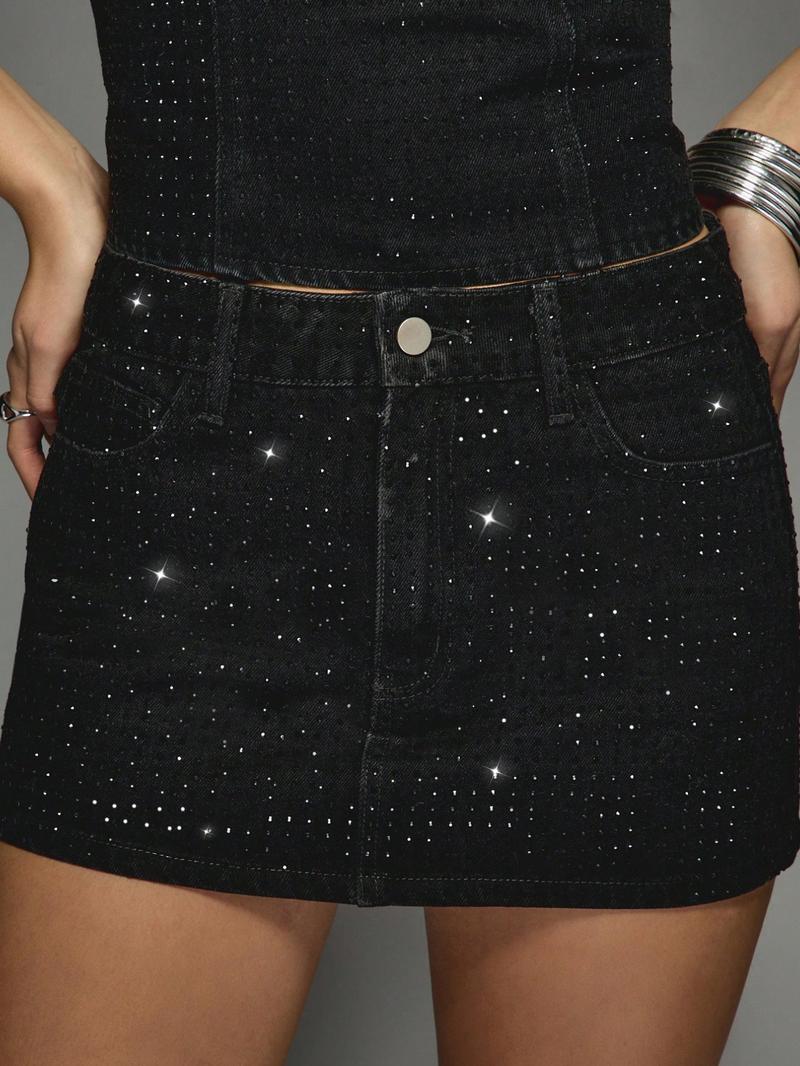 Hot Fix Diamante Embellished Denim Mini Skirt, Glam Party Club Festival, Strapless Rhinestone Crystal Fitted Mini Dress, Seasonal Fashion