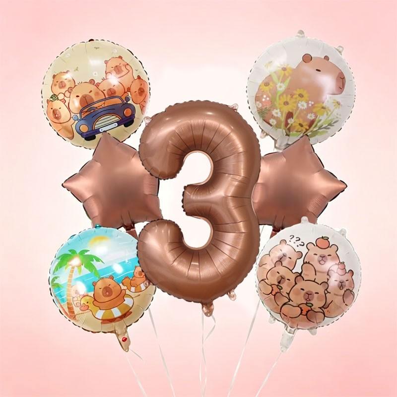 9-Piece Capybara Birthday Balloon Set, 32-Inch Chocolate Number, Shiny Star Aluminum Balloons, Party Decor, Kids Photo Props, Home Wall Decoration, Birthday Party Decorations