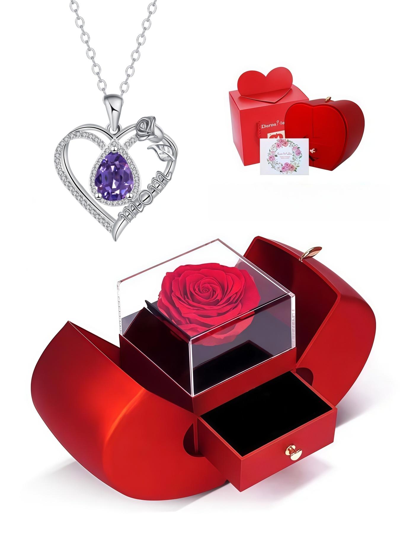 Diamond Drop Rose Heart Mom Luxury premium heart-shaped MOM teardrop gem necklace.Paired with an apple-shaped preserved rose jewelry gift box.Ideal gift for birthdays, Mother’s Day, Valentine’s Day and Christmas.