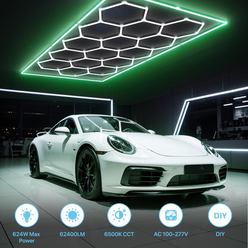 HYPERLITE 624W Hexagon LED Light ，Garage Light – Ultra-Bright Honeycomb Ceiling Lighting, 62,400LM Flicker-Free Daylight, DIY Plug-In Installation for Garage, Workshop, Basement, Car Detailing & Showrooms，Jumpstart newyear