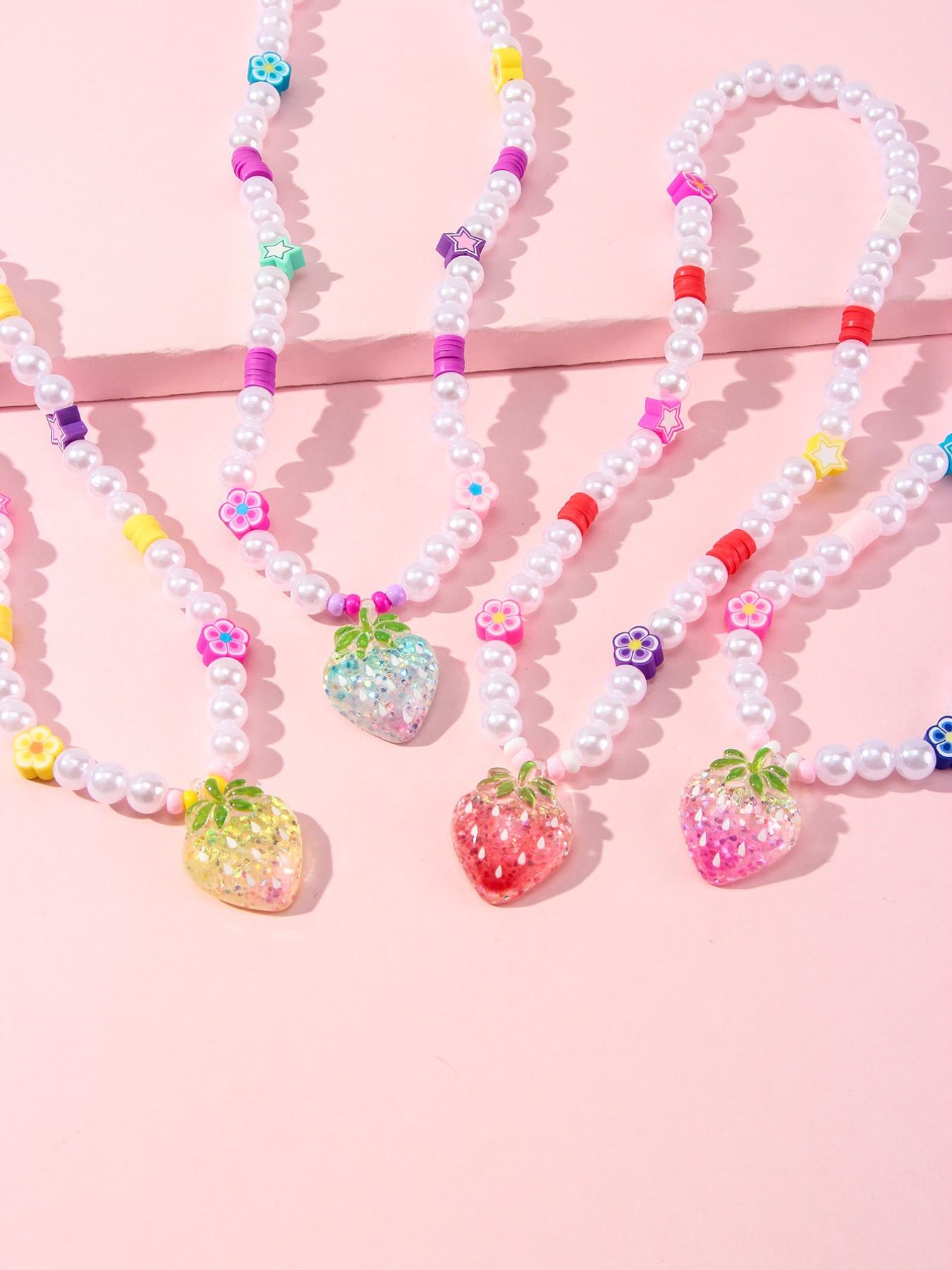 4pcs/set Acrylic Strawberry Pendant Bracelet Set, Cute Floral Design, Perfect for Girls' Birthday Parties, Casual Wear, All Seasons