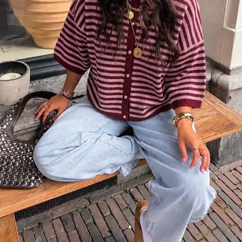 Women's Striped Knit Cardigan, Loose Fit Oversized Seven-Quarter Sleeves, Button Front, Spring & Fall Casual Outerwear
