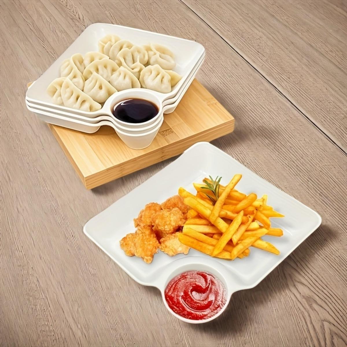 4PCS Multi-Purpose Divided Serving Plate Set, Plastic Snack Trays with Separate Dip Sauce Section, Perfect for Appetizers, Fried Chicken, Fries, Sushi, Dumplings and Desserts, Crack-Resistant, Microwave and Dishwasher Safe, Kitchen Restaurant Dorm