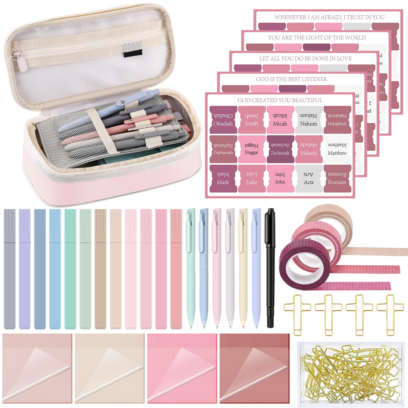 Easter Gift Bible Journaling kit 33 Pcs Bible Aesthetic Supplies with Pencil Case Gel Pen Colorful Highlighters Marker Pen Tabs Notes Transparent Sticky Notes Cross Clip Tapes Bible Study Supplies Annotation Kit Stationery School Study Supplies