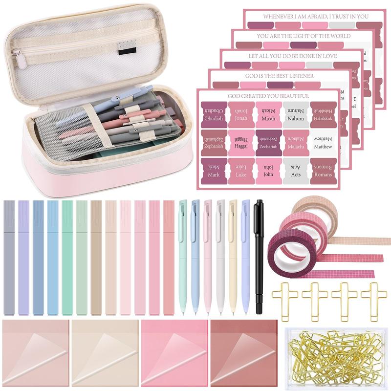 Easter Gift Bible Journaling kit 33 Pcs Bible Aesthetic Supplies with Pencil Case Gel Pen Colorful Highlighters Marker Pen Tabs Notes Transparent Sticky Notes Cross Clip Tapes Bible Study Supplies Annotation Kit Stationery School Study Supplies