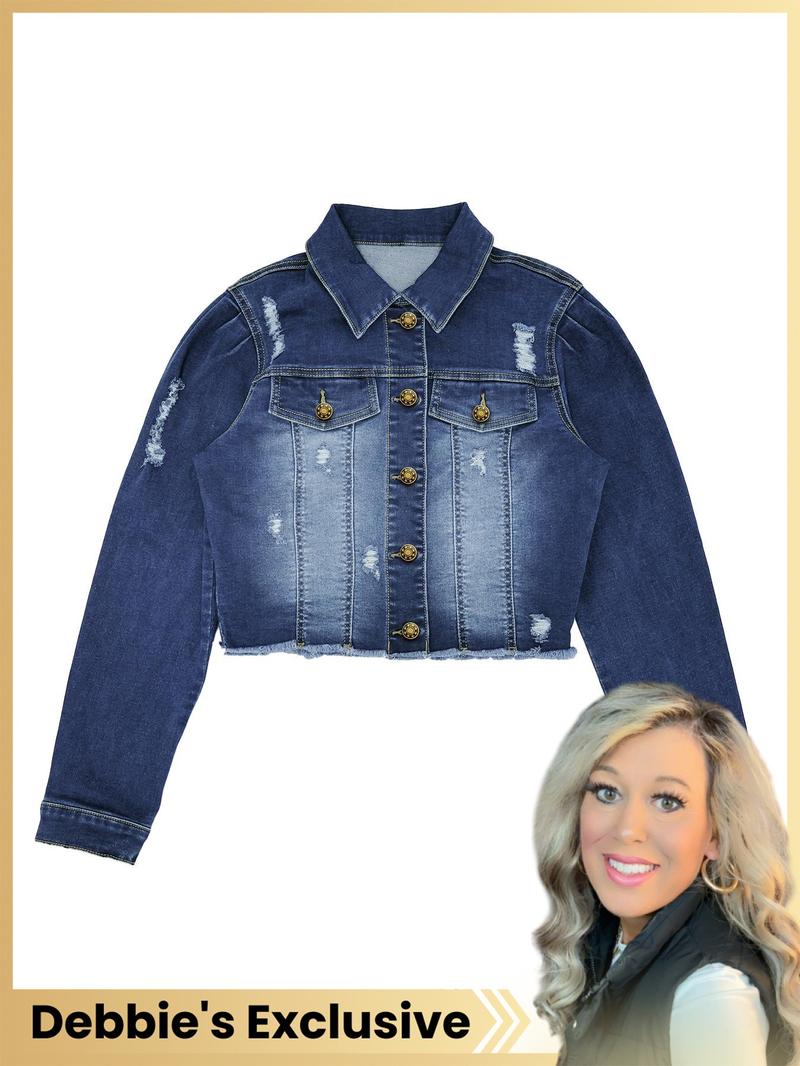 【Debbie's Exclusive】High Elasticity Denim Jacket with Fitted Design, Casual Plain Ripped Style for All Seasons, Long Sleeve Women's Outerwear