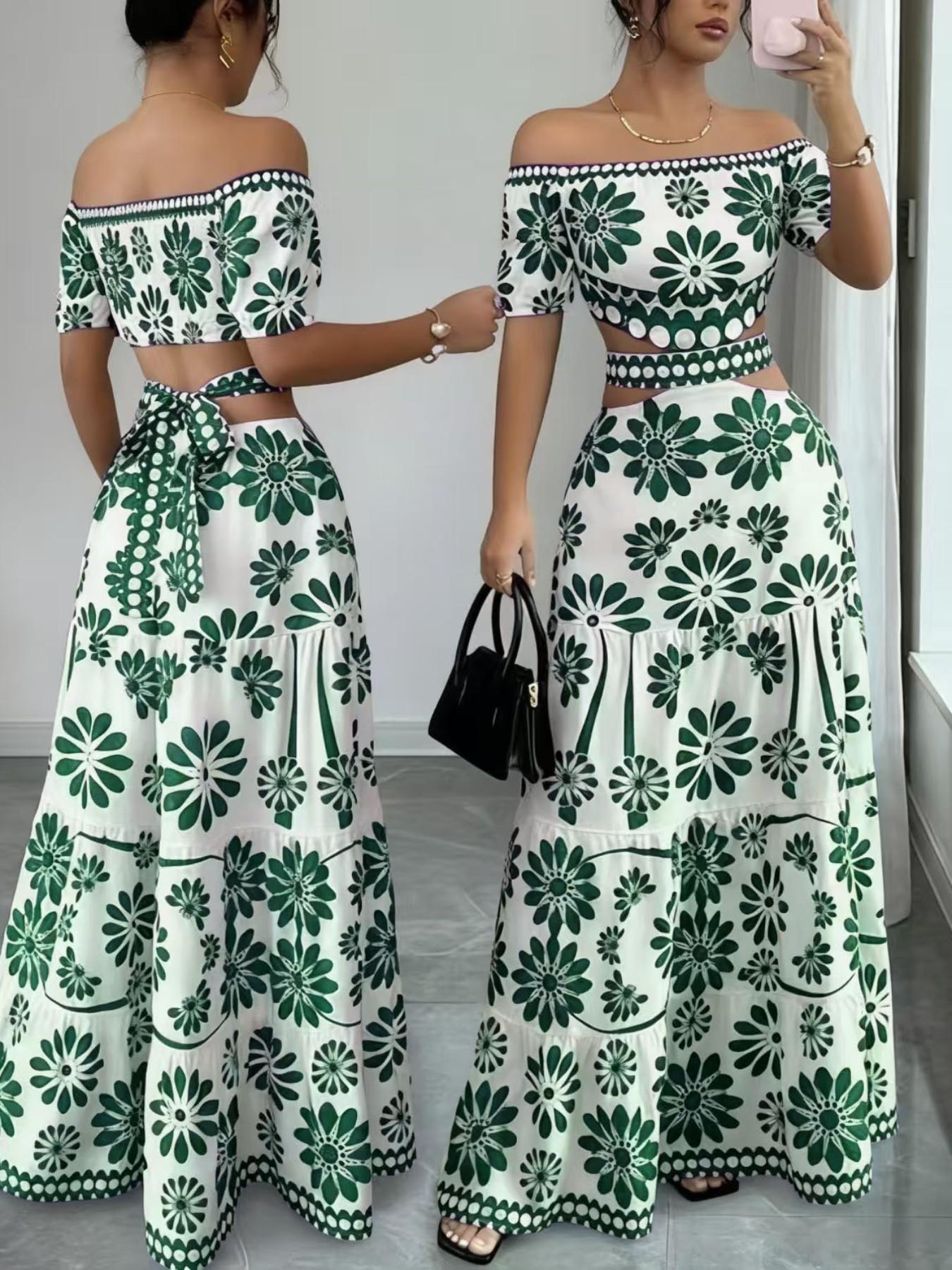 Women's Floral Off-Shoulder Dress, Sleeveless Hollow Out Waist, Casual Bohemian Style, All Seasons, Tropical Vacation, Long Dress for Summer