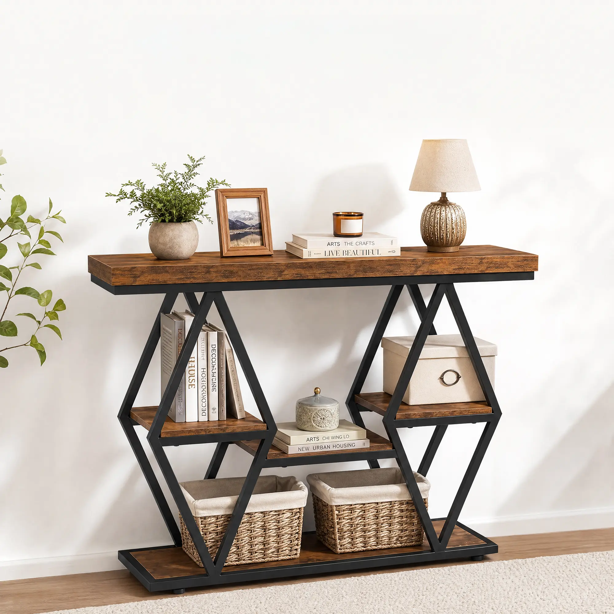 Hosslly 39.4" 3-Tier Diamond Shape Console Table - Industrial Look Entryway Table with Open Shelves, Metal Base, Brown Apartment Furniture