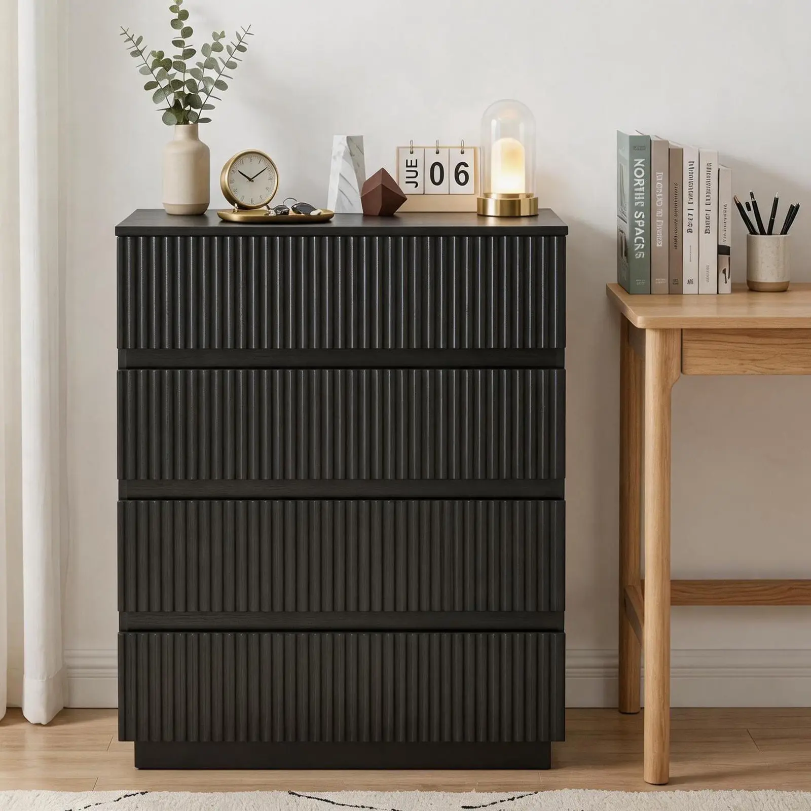 Handleless Grille-Finished 4-Drawer Rectangular Bedside Table with Vertical Lines, P2 Particleboard + MDF + Melamine Veneer + Thermoformed Drawers, 23.62x14.96x30.71in Black Dresser, Drawers For Bedroom