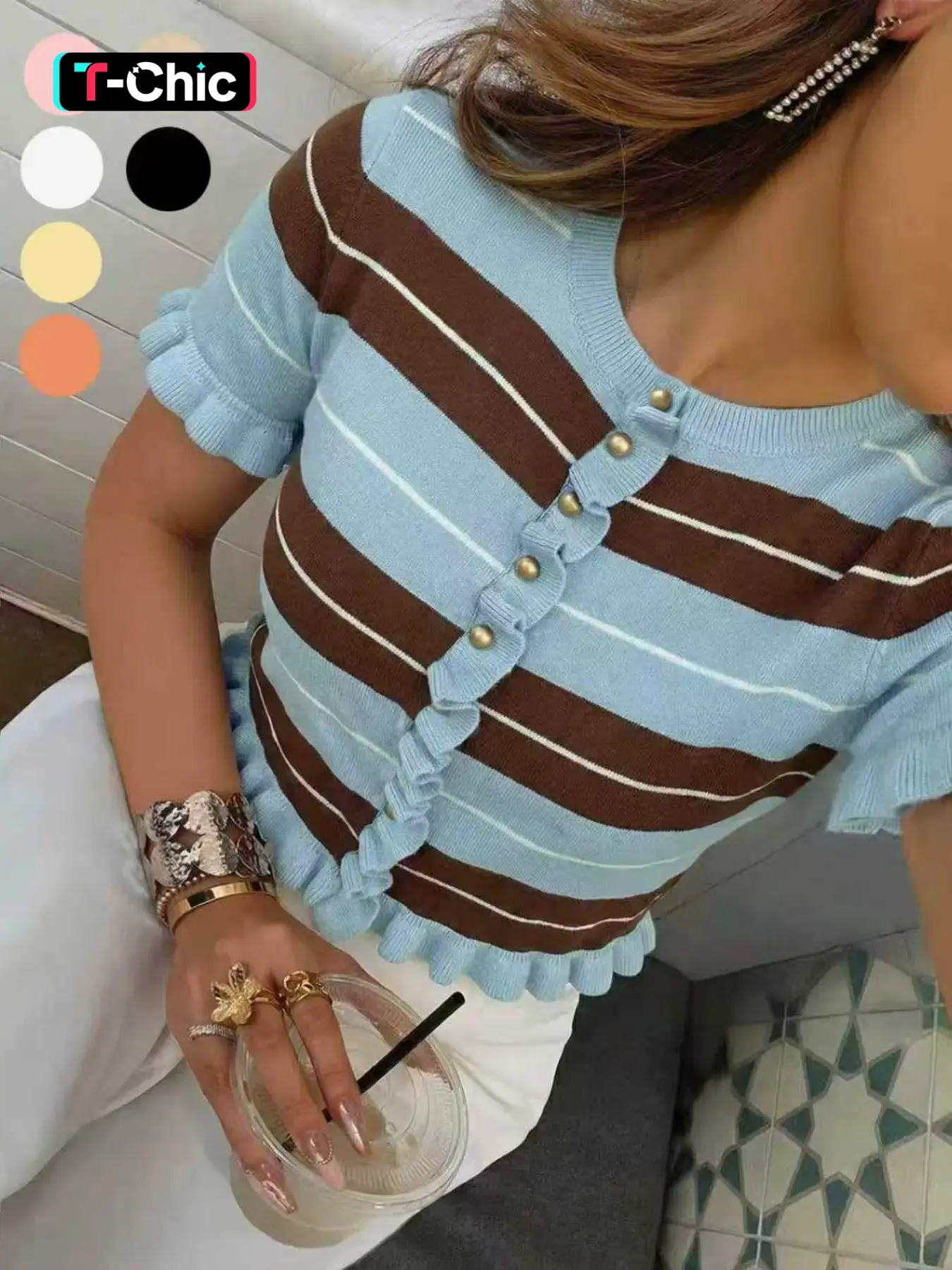 Women's Casual Elegant Ruffle Striped Knit Cardigan Top, Round Neck and Short Sleeve Design, Stylish Look, Perfect for Music Festivals, Knitwear Womenswear, Casual Fitted Knitwear, Fashion Knit Clothing
