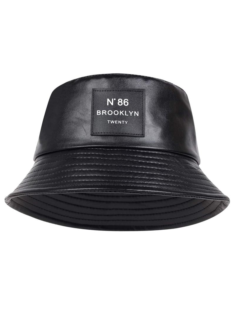 Minimalist Letter Patch Decor PU Leather Bucket Hat, Outdoor Sun Protection Fisherman Hat, Summer Beach Hat For Men & Women